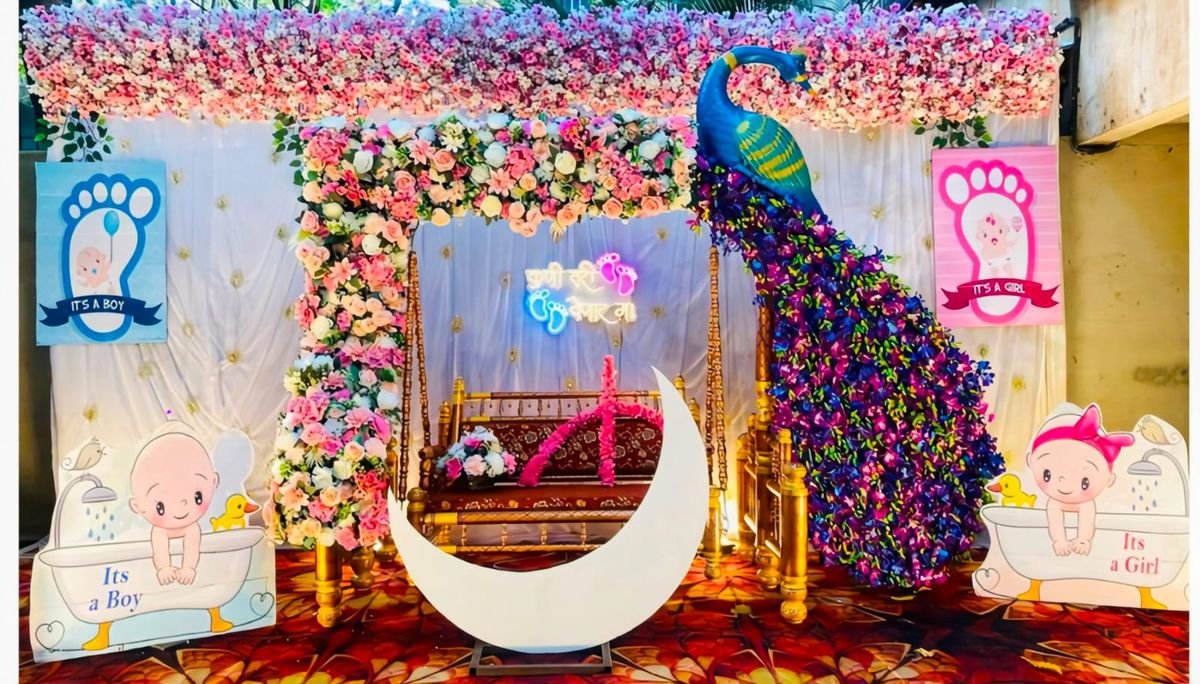 Baby shower Dohale Jevan decoration with floral peacock, swing and fresh flower styling