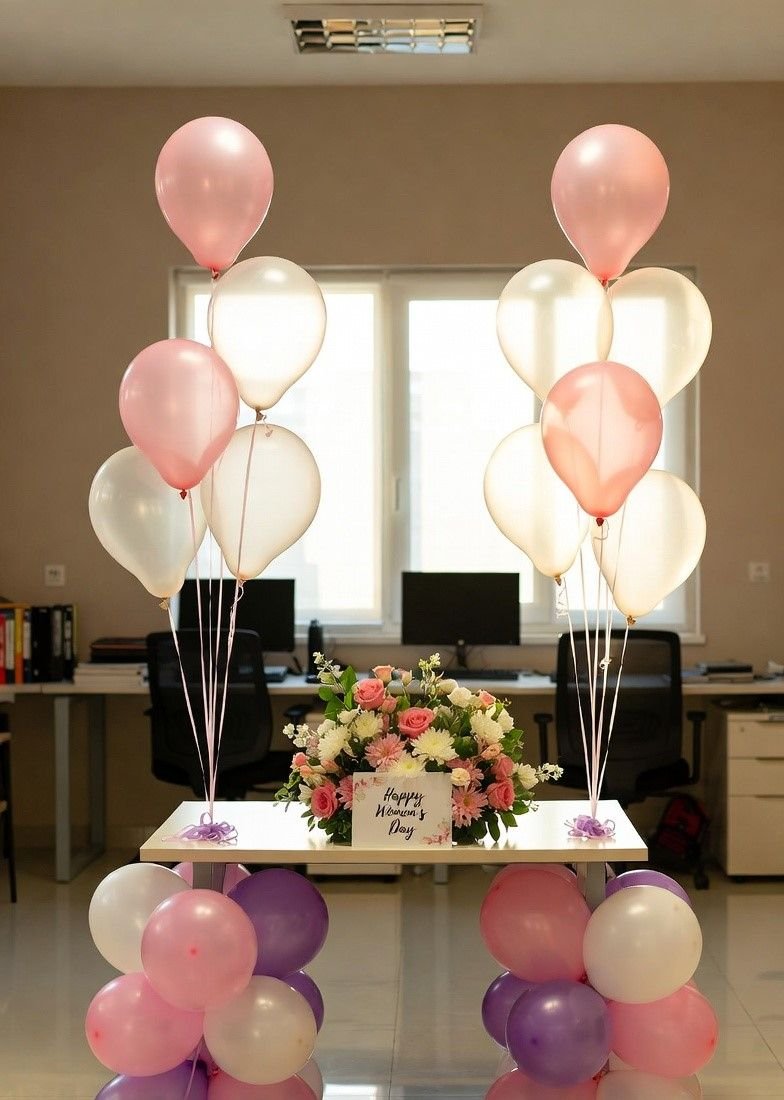 Womens Day office celebration decoration with pastel balloon bouquets and flowers