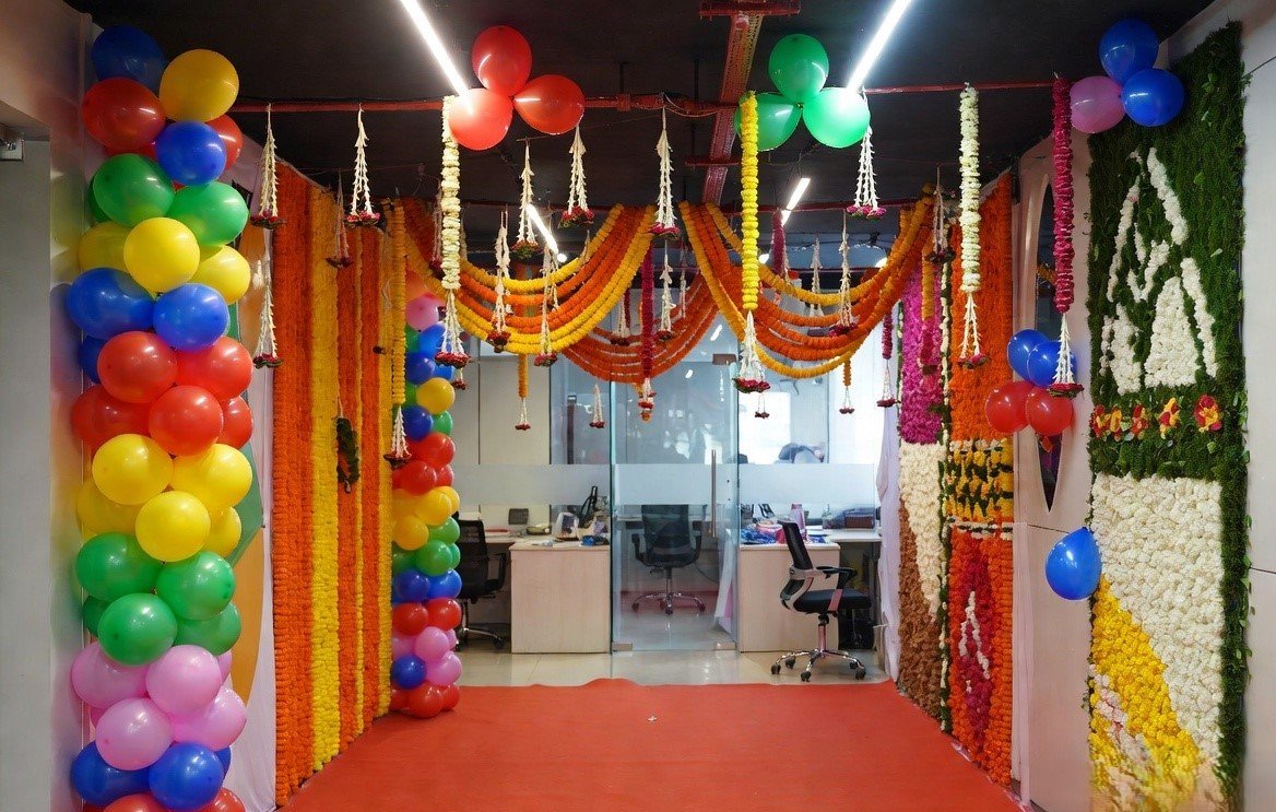 Corporate office event decoration with stage and branding in Bhiwadi